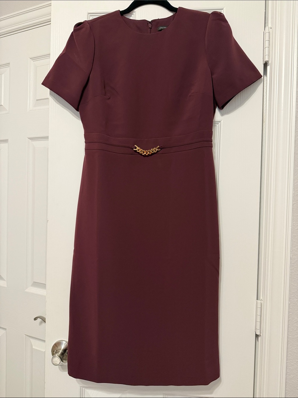 Ann Taylor Plum Sheath Dress with Gold Waist Chain